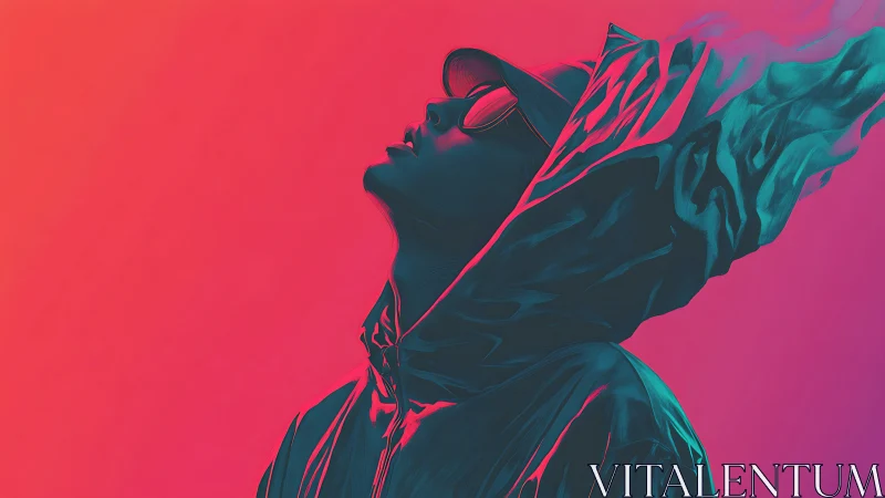 Neon duotone portrait with stylized vapor-trail hood silhouette.