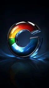 Chromed rainbow letter C glows above a dark mirror surface.