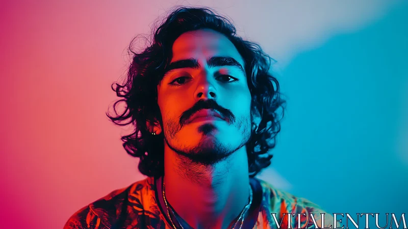 Male portrait in dual color neon lighting, frontal view.