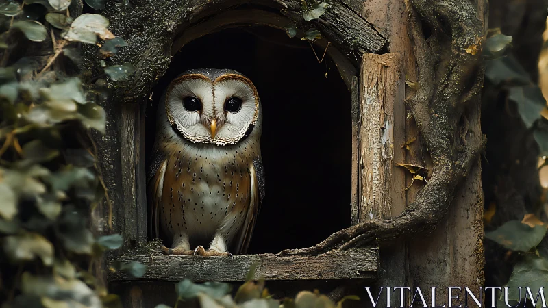 Barn owl perched in rustic tree window, enchanting woodland style.