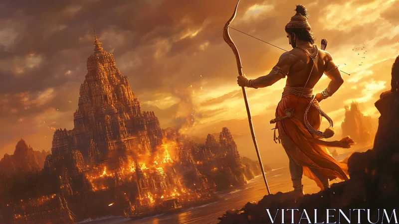Warrior archer overlooking burning temple city at sunset.