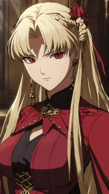 Regal blonde noblewoman in crimson gothic attire portrait.