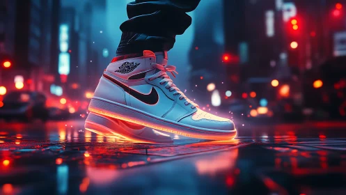 Neon city sneakers glowing through a rainy midnight stroll.