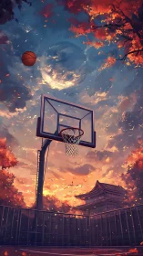 Twilight court dreams beneath swirling autumn skies.