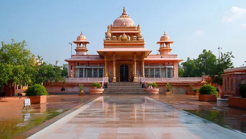 Pink Hindu temple with domes stands at end of wet courtyard