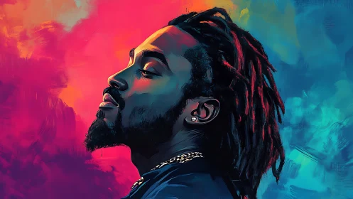 Digital painting portrait in neon duotone atmospheric field.