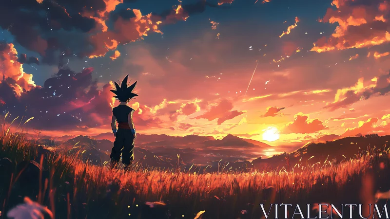 Anime warrior overlooks blazing sunset valley horizon.