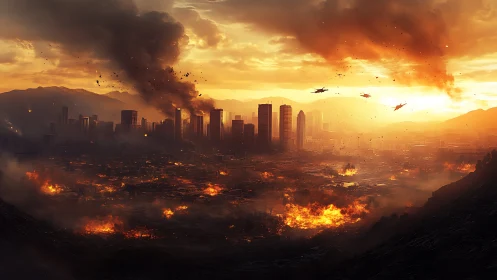 Digital painting of burning post-apocalyptic skyline at sunset.