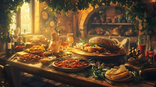 Harvest feast in golden cottage light, a rustic banquet dream.