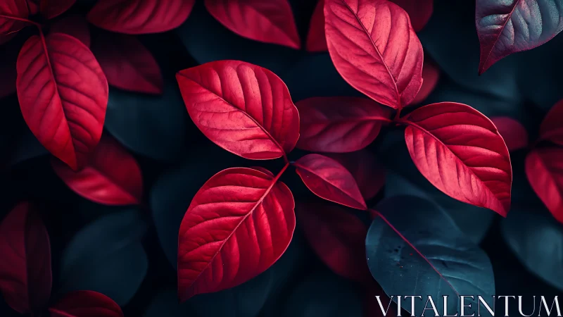 Macro study of red foliage against cool teal shadowed leaves