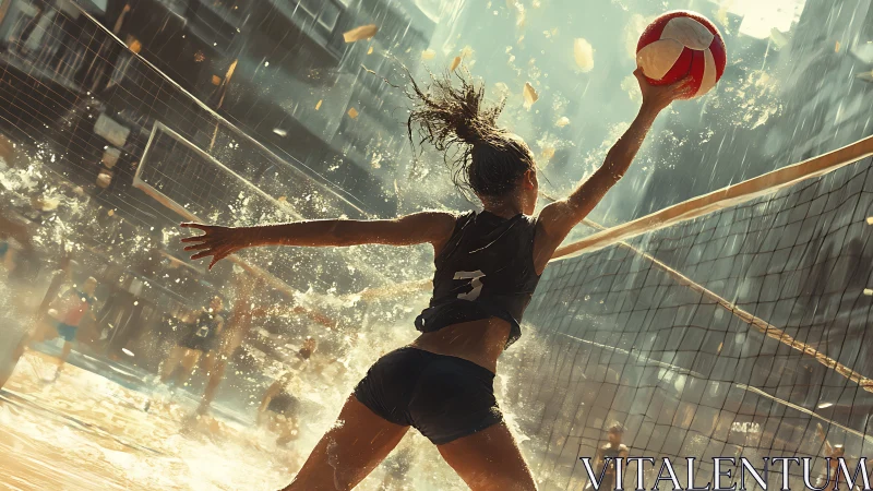 Wet outdoor volleyball player jumps and reaches for red ball