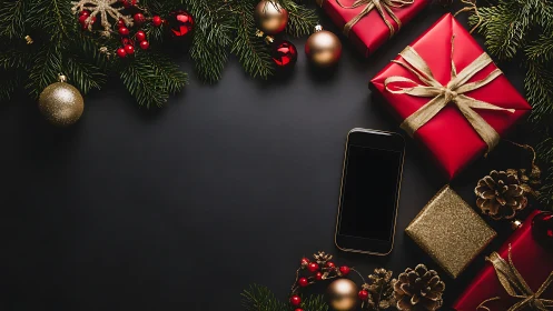 Christmas gifts and smartphone on elegant dark backdrop.