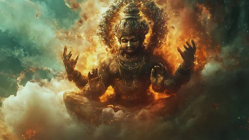 Celestial multi-armed deity in fiery nebula cloud convergence