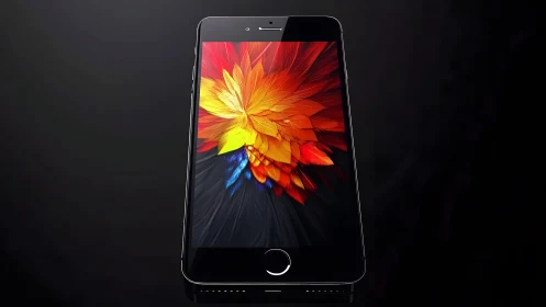 Modern smartphone with vibrant abstract flower wallpaper on screen.