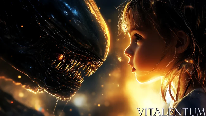 Cinematic digital painting of child confronting alien creature.