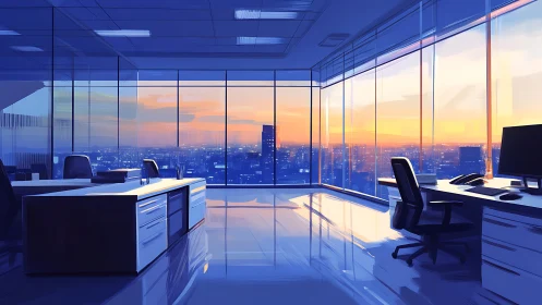 High-rise office interior with panoramic urban skyline view during twilight transition