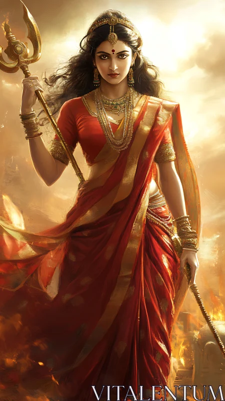 Female figure in red sari holding trident, frontal view.
