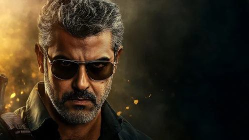 Smoldering gaze slices through sparks and cinematic shadow