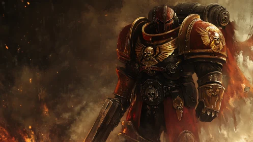 Armored war soldier strides through embers in dramatic digital art