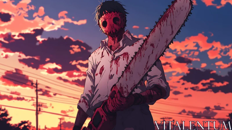 Sunset warrior grips a bloody chainsaw in bold silence