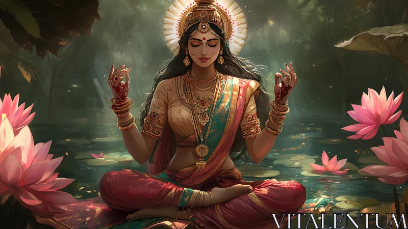 Serene goddess meditates amid glowing lotus lake at dawn