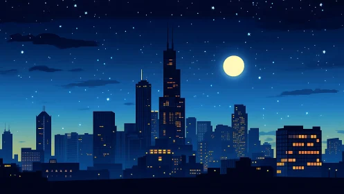 Moonlit skyline whispers above a star-sprinkled city hush.