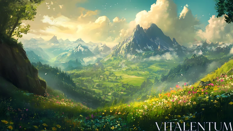 Sunlit fantasy valley unfolds beneath towering alpine peaks