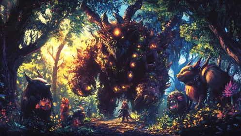 Bioluminescent forest colossus confronting horned guardian