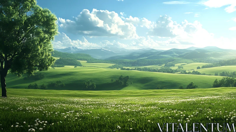 Sunlit green valley of rolling hills and gentle wildflowers.