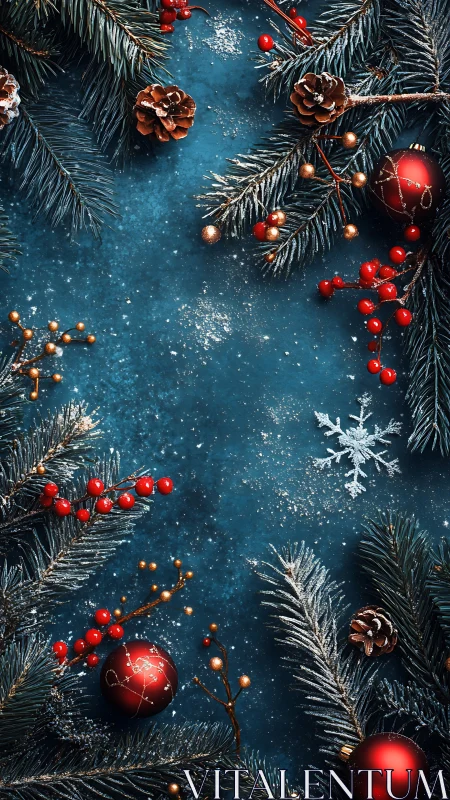 Festive pine branches and ornaments frame a wintery blue scene