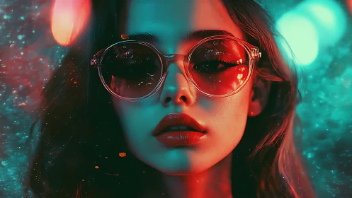 Neon-lit female portrait with reflective sunglasses and bokeh glow.