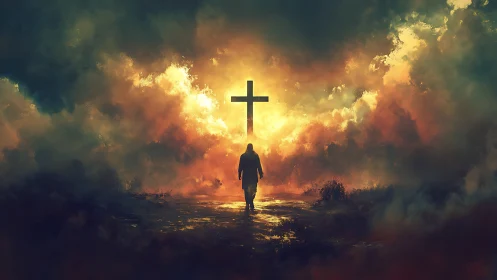 Solitary figure walking toward radiant cross through storm clouds