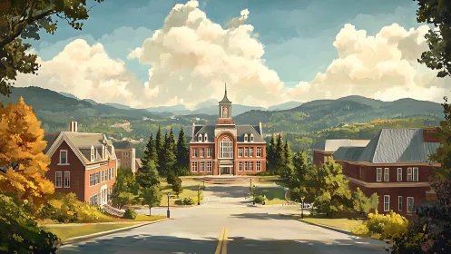 Hilltop campus with red brick hall and distant mountains.