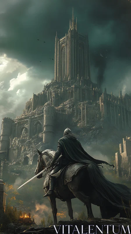 Armored knight on horseback before colossal gothic cliff citadel