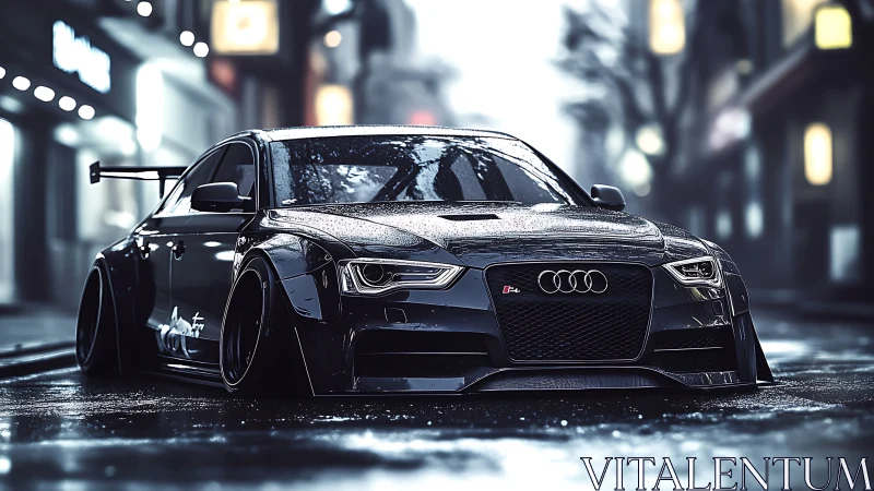Midnight city streets welcome a rain-slicked tuner Audi.