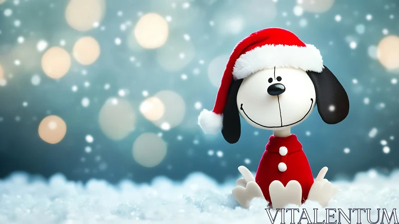 Cartoon puppy in Santa hat on snowy Christmas background.