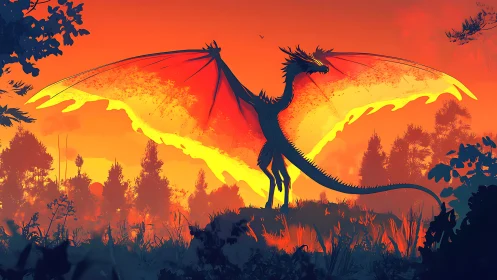 Silhouetted dragon form before luminous orange horizon.