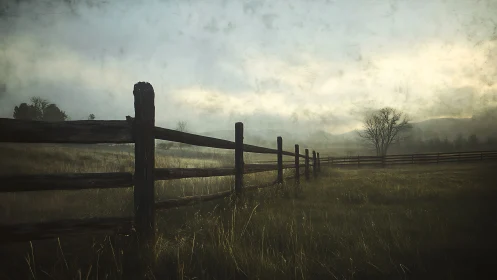 Weathered ranch fence fades into misty rural horizon.