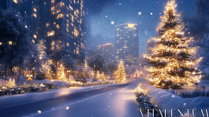 Snow covered city street with illuminated winter trees at night.
