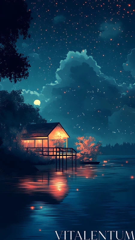 Lakeside cabin glows under dense starry night sky