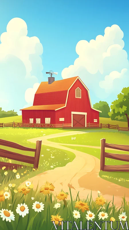 Sunny red barn stands amid wildflowers on a country lane.