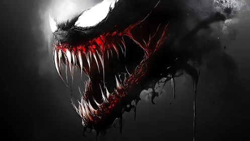 Savage alien maw erupts from smoke in stark monochrome