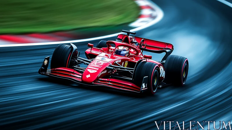 Red Formula race car cornering on wet track at speed.