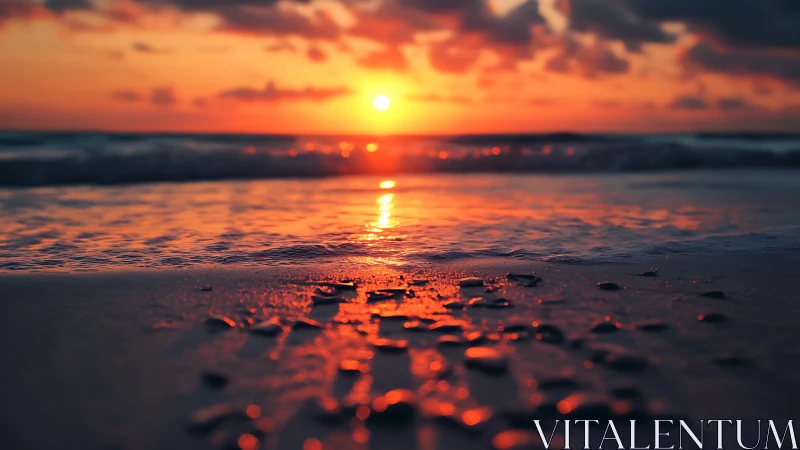 Low-angle coastal sunset with shallow depth of field and bokeh highlights
