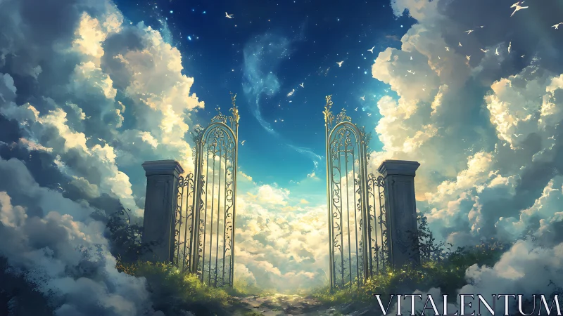 Celestial wrought iron gate opening into luminous cloudscape