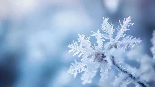 Macro snowflake crystal on soft blue winter background.
