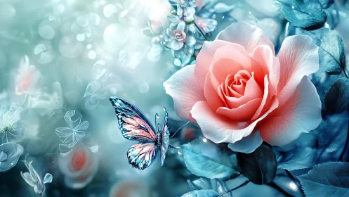 Digital painting of rose bloom and iridescent butterfly in bokeh garden.