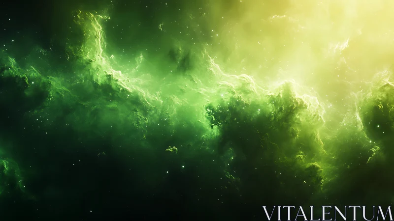 Digital painting nebula field with luminous green radiation plume.