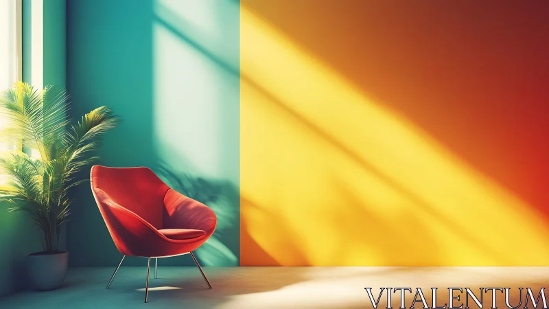 Midcentury red lounge chair under high-contrast color blocking