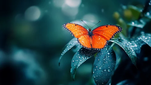 Orange butterfly on wet green leaves in soft forest light.